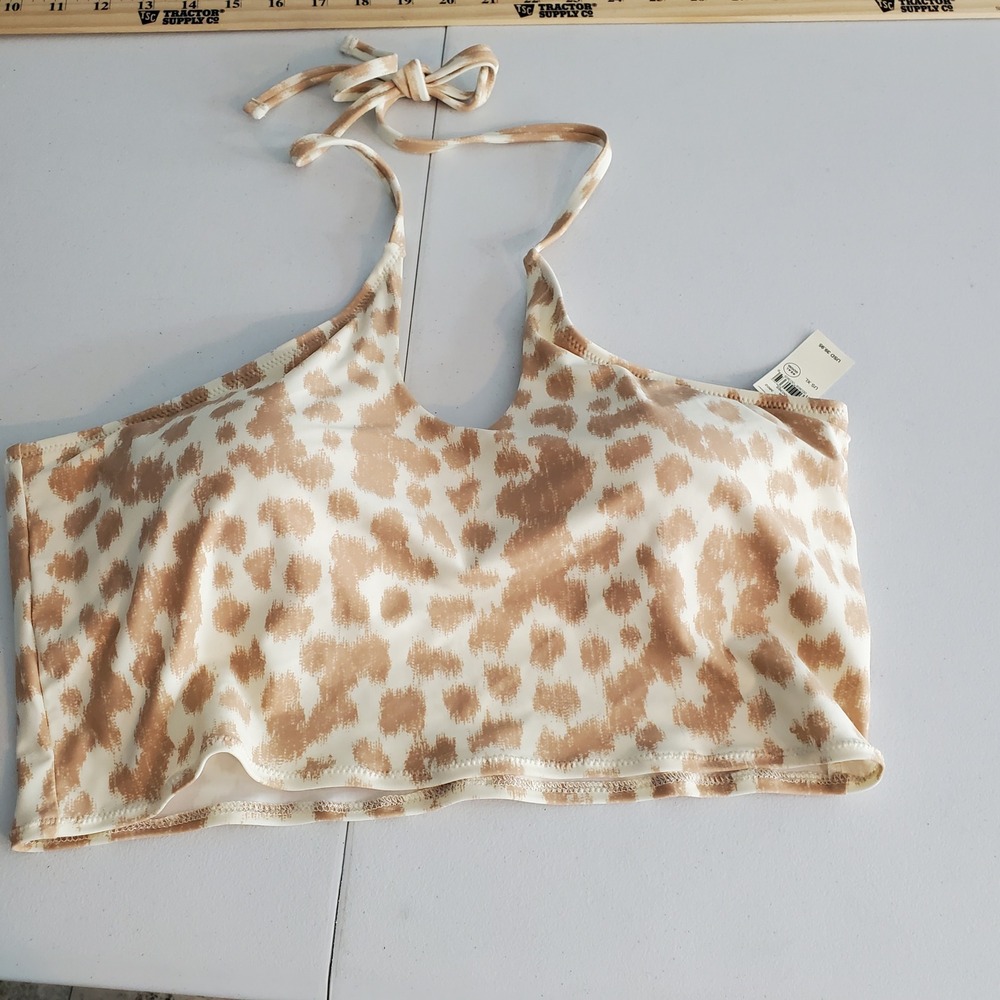 NWT Aerie RealGood Bandeau Longline Halter Bikini Top XL Tan Animal Print Ribbed - Picture 3 of 10